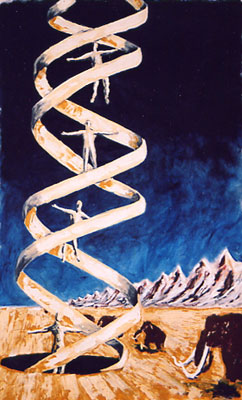 Neo-rupestrian DNA double helix (ocre) with Mammut americanum