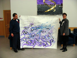 The artist making the donation to Dr Amy R. Sheon for Life Sciences, Values & Society Program, Michigan University, Ann Arbor, March 19th 2004.